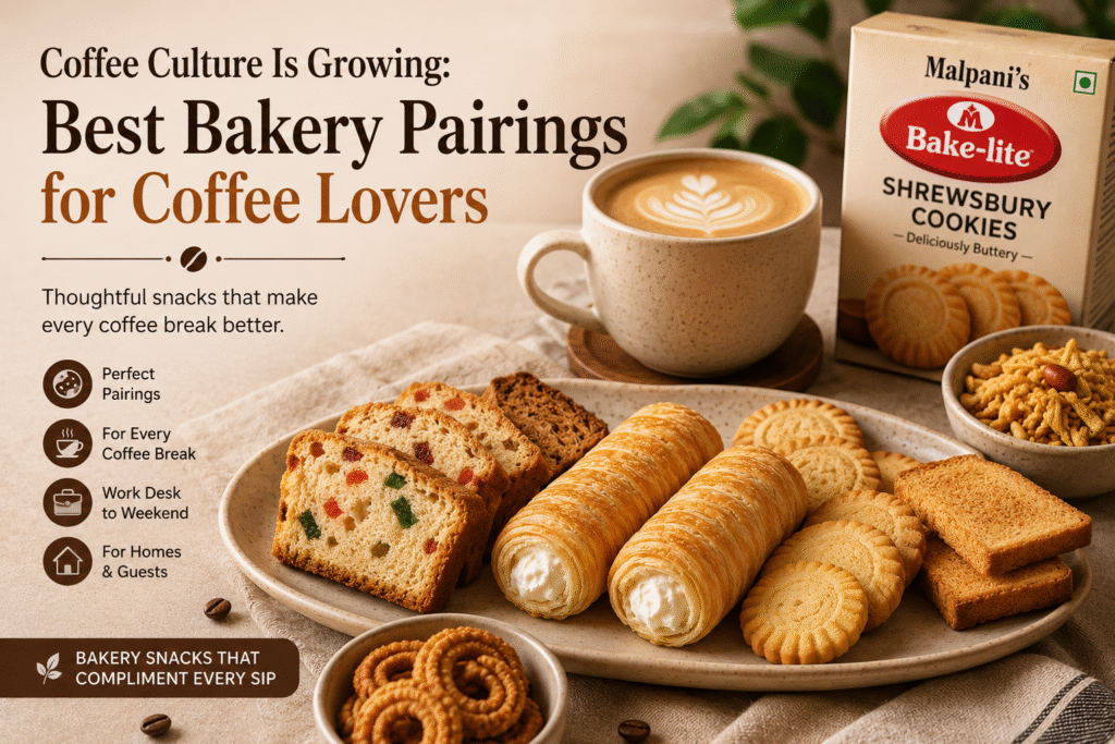 Coffee Culture Is Growing: Best Bakery Pairings for Coffee Lovers Coffee cup served with bakery snacks including cream rolls, Shrewsbury cookies, sliced cake, toast, and savoury snacks, showcasing the best bakery pairings for coffee lovers in India.
