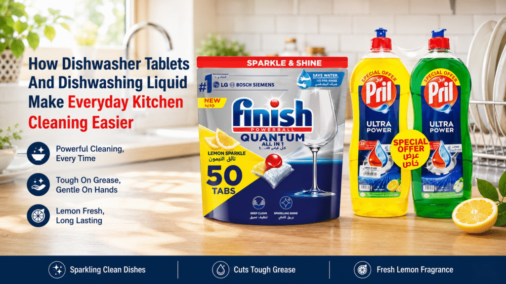 Hyperrealistic banner showing Finish Quantum dishwasher tablets and Pril Ultra Power dishwashing liquid for easier everyday kitchen cleaning with sparkling dishes and grease removal.