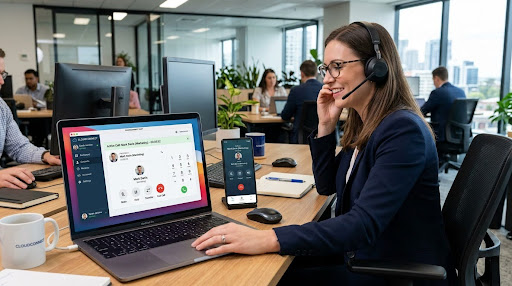 Why UK SMEs Are Adopting Cloud Phone Systems UK employees collaborating using cloud-based phone system