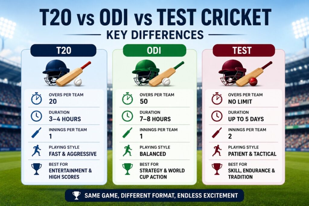 T20 vs ODI vs Test Cricket: Key Differences T20 vs ODI vs Test Cricket: Key Differences