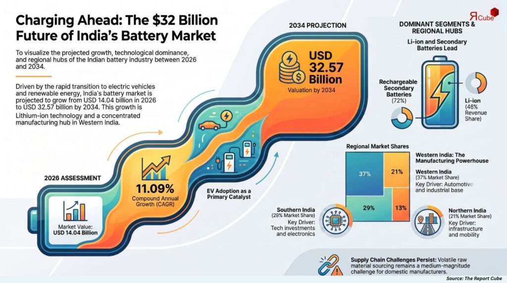 India Batteries Market to Reach USD 32.57 Billion by 2034 Amid Rising EV and Energy Storage Demand batteries market india report